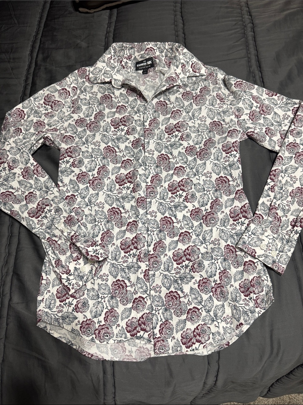 Express Men’s White Button-Down Shirt with Burgundy Floral Print